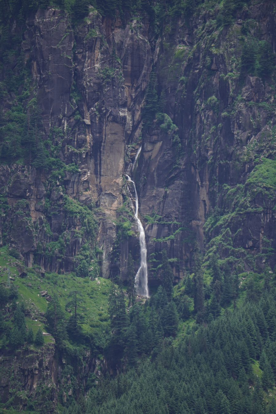 A thin waterfall falling down a green cliff face.
