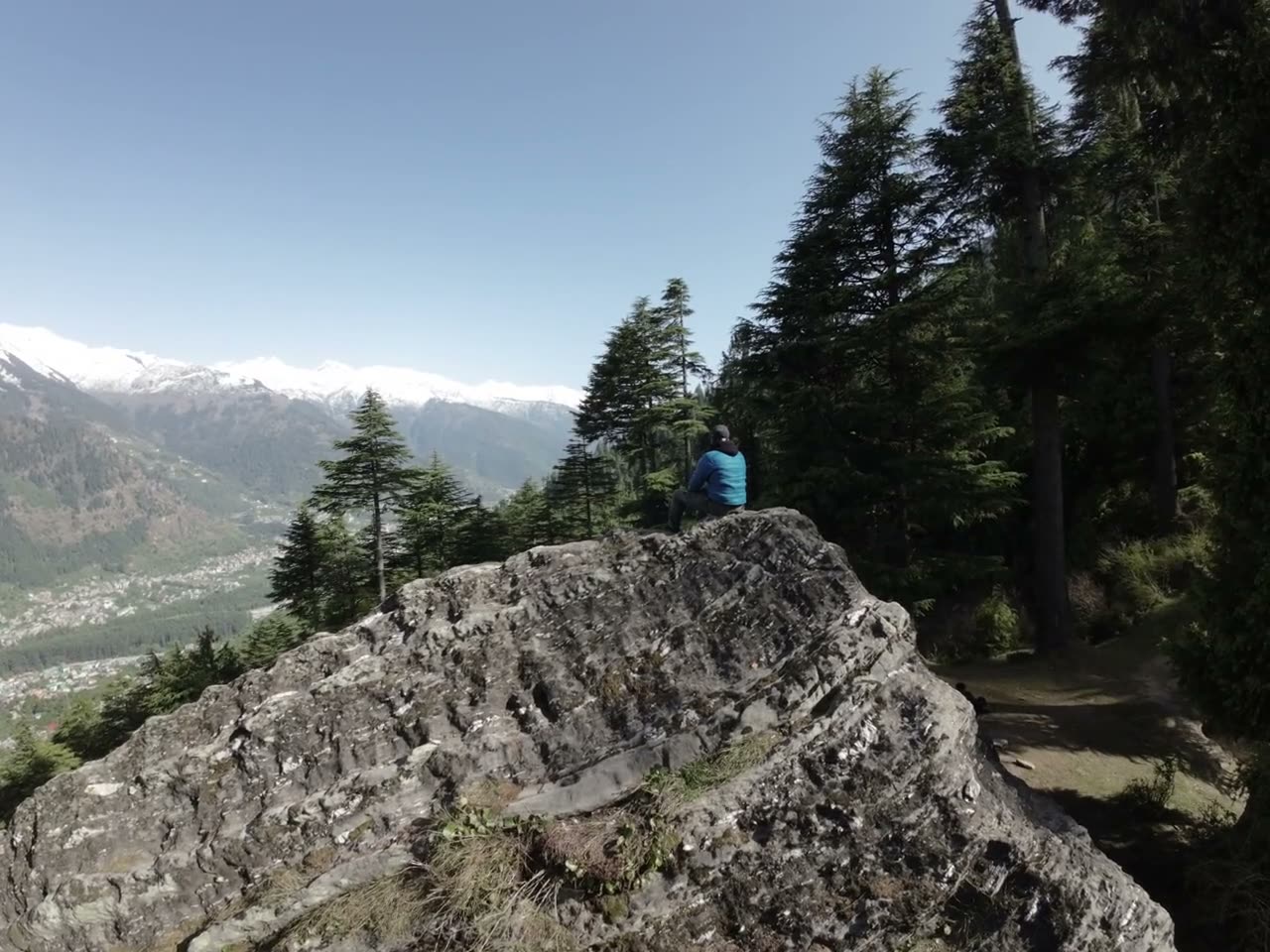 A walker seated on a rock at the forest edge, looking across the valley to snow peaks.