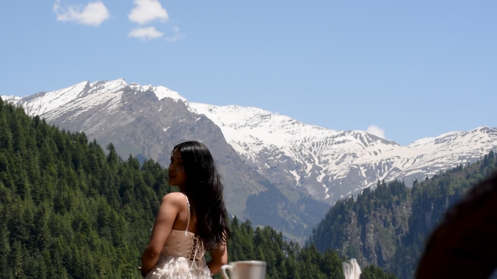 A woman on a Look Out balcony, seen from behind, looking at snow peaks in the sun.